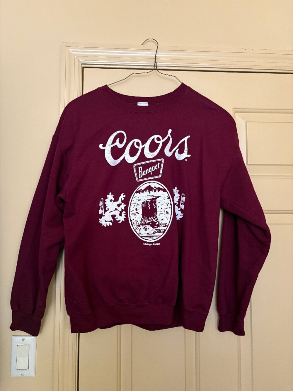 Coors Banquet Burgundy Vintage Style Graphic Crewneck Sweatshirt